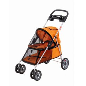 Pet Dog Buggy Stroller Trolley, Easy Folding Shockproof Four Wheels Water Resistant with Double Cap Holder & Food Tray - orange