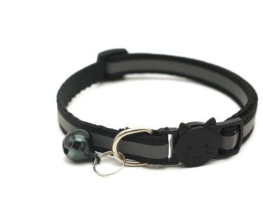 Reflective Dog Collar Pet Cat Puppy Nylon Collar with Bell Neck Adjustable - BLACK - M