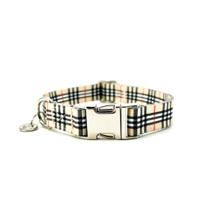 Adjustable Collar - Quick Release Metal Alloy - Beige Plaid - L - Beige Plaid