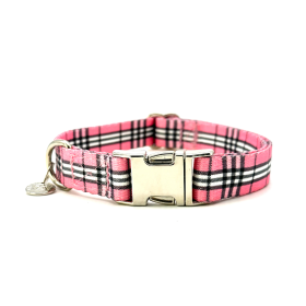 Adjustable Collar - Quick Release Metal Alloy - Pink Plaid - Small - Pink Plaid