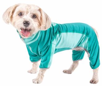 Pet Life Active 'Warm-Pup' Heathered Performance 4-Way Stretch Two-Toned Full Body Warm Up - Green - Small