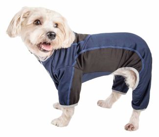 Pet Life Active 'Warm-Pup' Heathered Performance 4-Way Stretch Two-Toned Full Body Warm Up - Navy - Medium