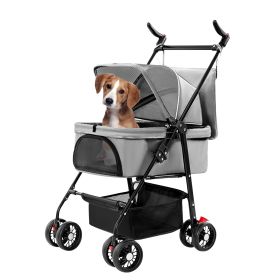 4 Wheels Pet Stroller Foldable Carrier Strolling Cart Travel Jogger Pet Stroller with Removable Liner Storage Basket for Dog Cat - Grey