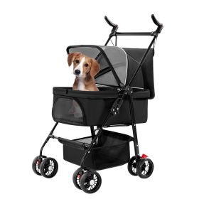 4 Wheels Pet Stroller Foldable Carrier Strolling Cart Travel Jogger Pet Stroller with Removable Liner Storage Basket for Dog Cat - Black