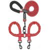 Dual Dog Leash; Tangle Free With Reflective Stitching; 2 Dog Leashes With Heavy Duty Metal Clip - Red - one-size